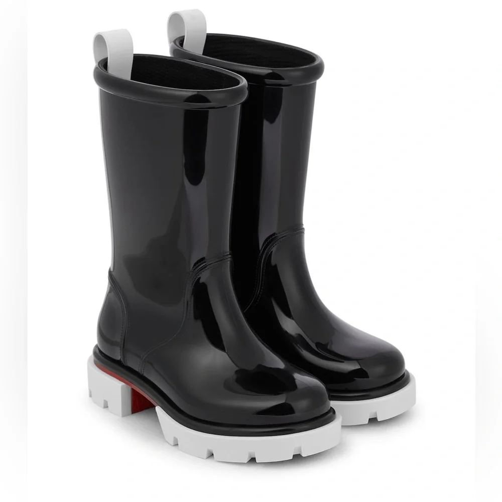 New Christian Louboutin Kids Toy Pluie Black Glossy Rubber Rain Boots Sz 28